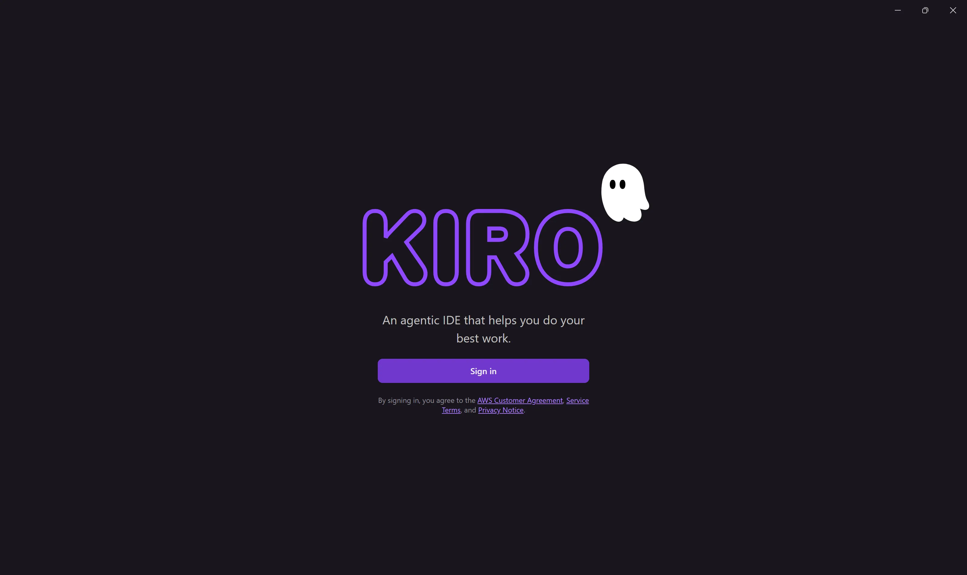The Kiro IDE first-launch screen with the KIRO logo, the tagline 'An agentic IDE that helps you do your best work.', and a Sign in button.