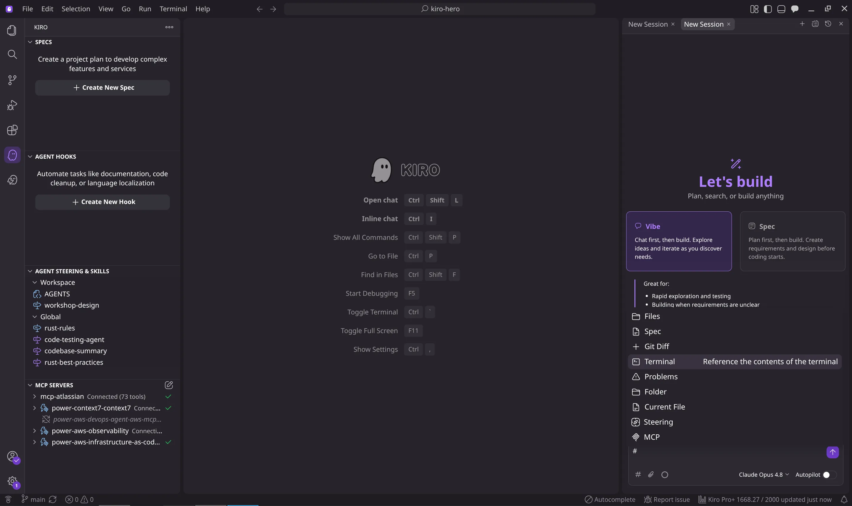 The Kiro chat showing a '#' context menu that lists Files, Spec, Git Diff, Terminal, Problems, Folder, Current File, Steering, and MCP as things you can pull into the conversation.