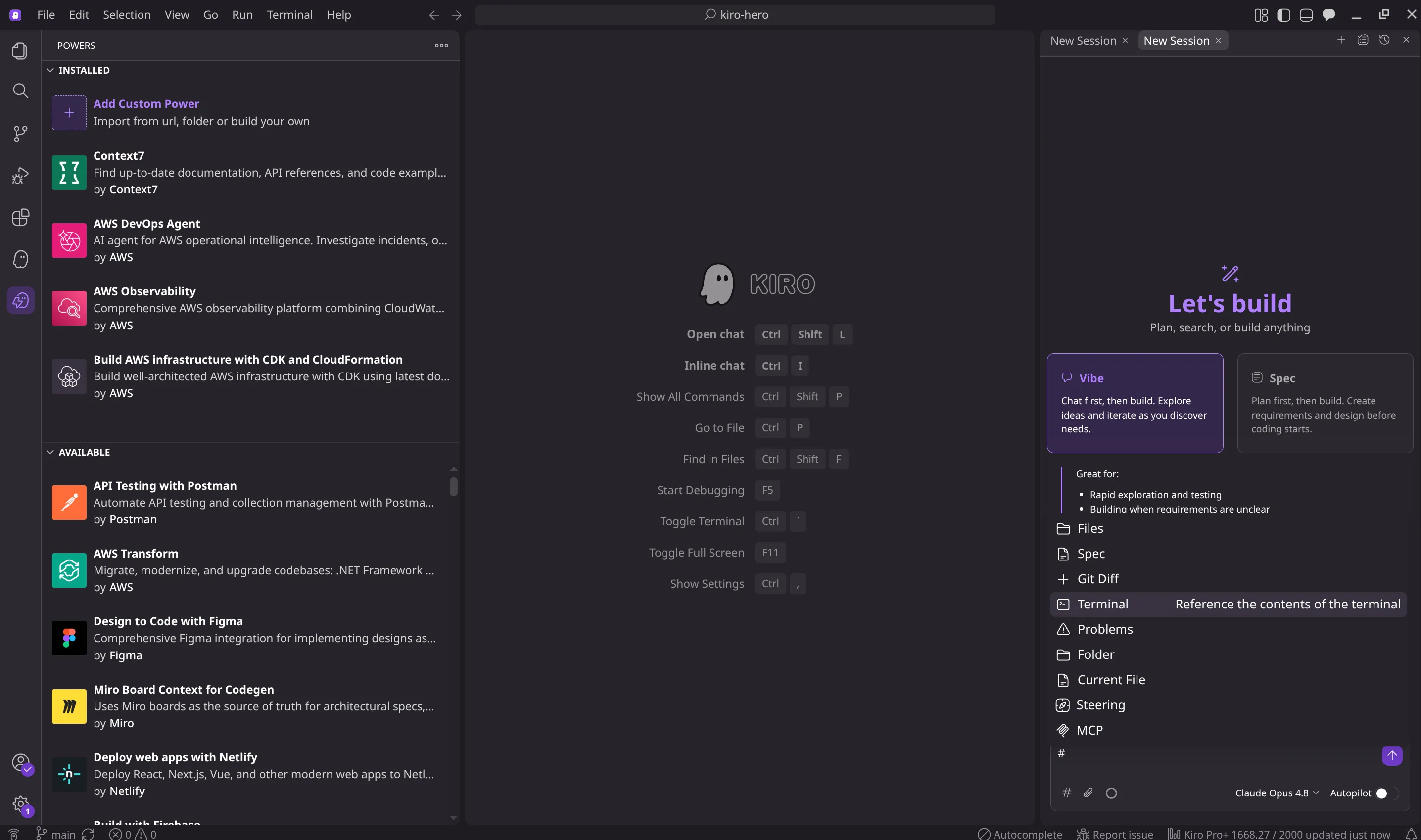 The Kiro Powers panel. Installed powers include Context7, AWS DevOps Agent, AWS Observability, and 'Build AWS infrastructure with CDK and CloudFormation'. Available powers include API Testing with Postman, AWS Transform, Design to Code with Figma, and Deploy web apps with Netlify.
