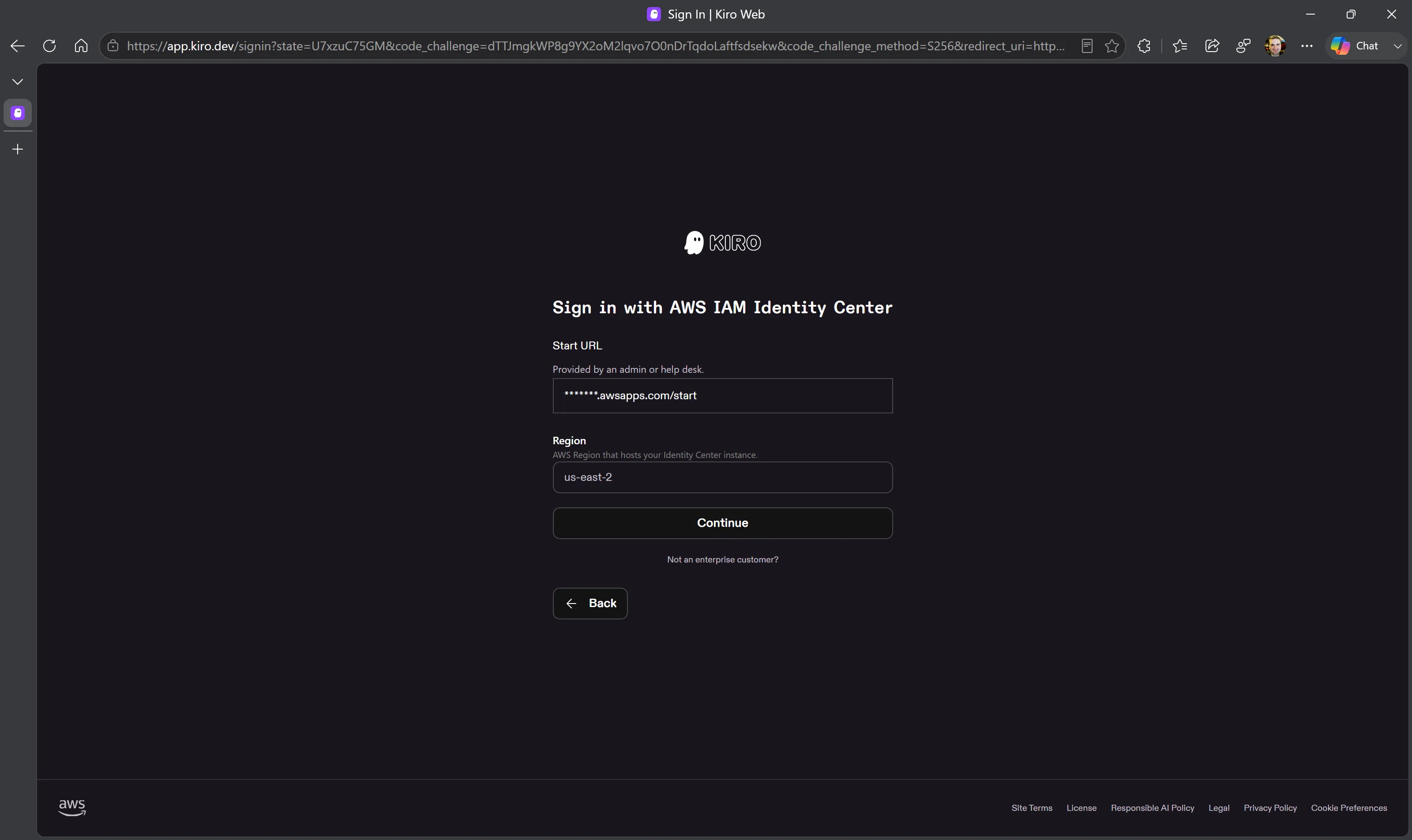 The 'Sign in with AWS IAM Identity Center' screen with Start URL and Region fields filled in and a Continue button.