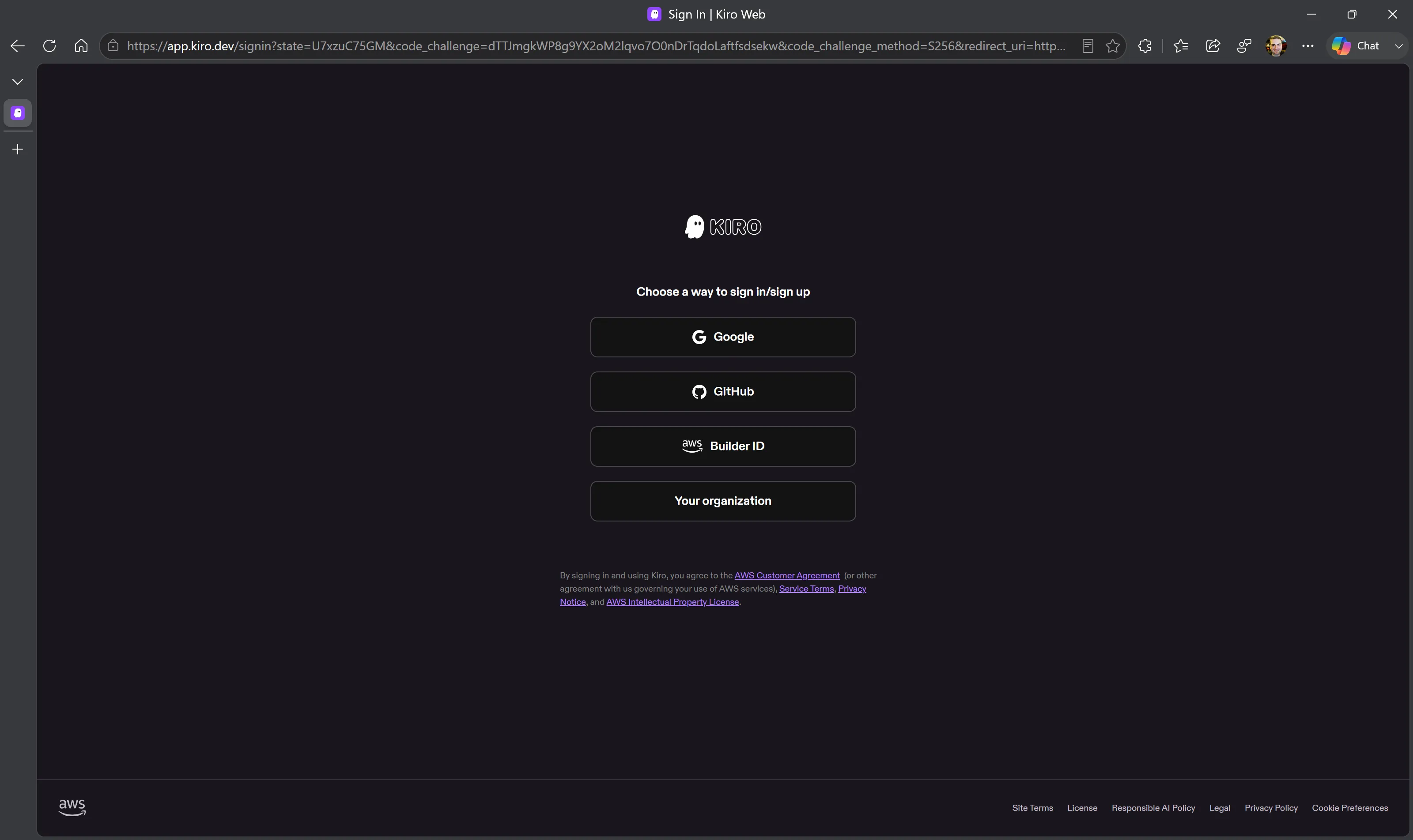 The Kiro web sign-in page titled 'Choose a way to sign in/sign up', listing Google, GitHub, Builder ID, and Your organization options.