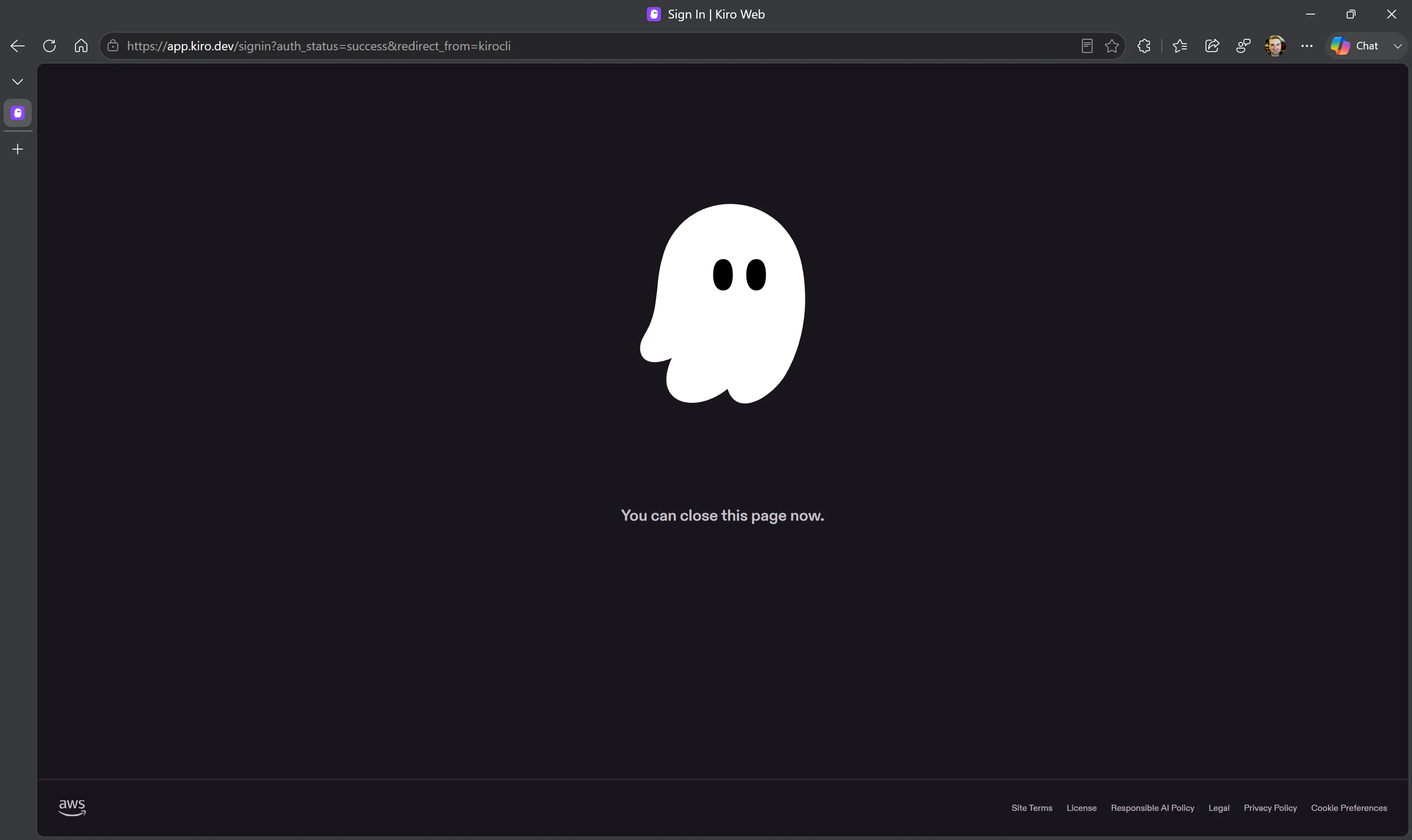 The Kiro web sign-in success page showing the Kiro ghost logo and the text 'You can close this page now.'